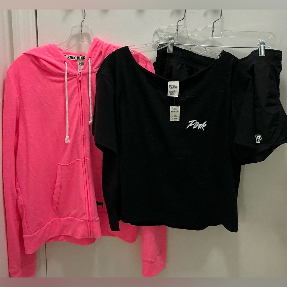 PINK Victoria's Secret Bright Pink Hoodie, Shorts, and Black Tee Set